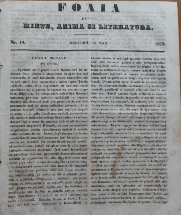 Foaia pentru minte, inima si literatura, nr. 19, 1853, Brasov, Redactor Iacob Muresanu