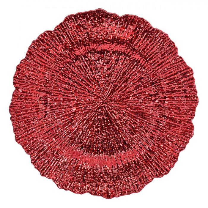 Platou Decorativ Crăciun, Plastic, Rotund, Roșu, Reliefat, Diametru 32.5 cm, &Icirc;nălțime 2.5 cm