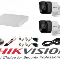 Sistem supraveghere video Hikvision 2 camere 5MP Turbo HD IR 80 M cu DVR Hikvision 4 canale full accesorii, cablu coaxial SafetyGuard Surveillance