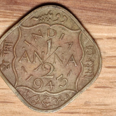 India Britanica - moneda de colectie - 1/2 half anna 1943 -Calcutta patrat/romb