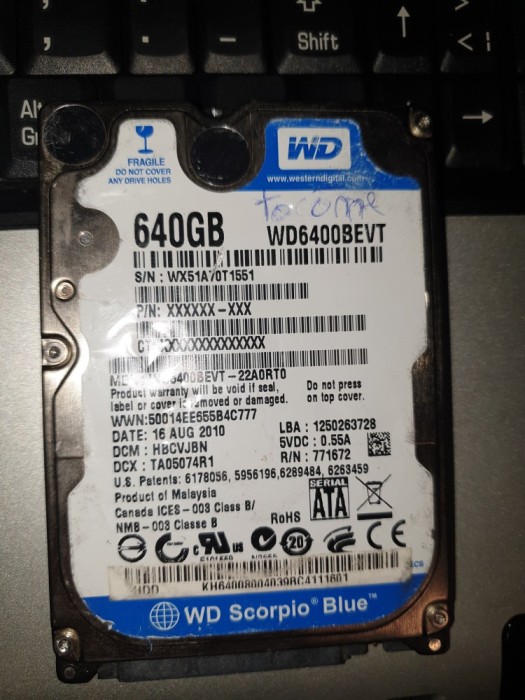 hard laptop -SATA- de 640 gb WESTERN DIGITAL -pentru piese -