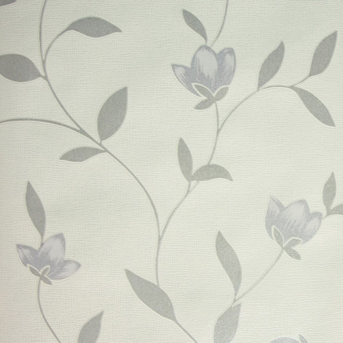 Tapet modern cu frunze, flori si sclipici, alb - argintiu, Ugepa 149104