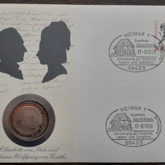 GERMANIA - FDC SI MONEDA 5 MARK 1982, LIT. D, GOETHE - MONEDA ESTE PROOF