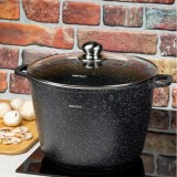 Oala din aluminiu turnat, cu strat marmorat, cu capac din sticla, 24 cm, 6.2 litri, negru, Kinghoff