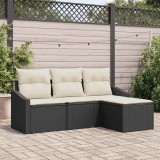 VidaXL Set de canapea de grădină, 4 piese cu perne, Negru, din rattan poliesteric.