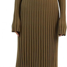 SIOR Femei cu mânecă lungă Ruched Plied Ribbed Knit Maxi Rochie Lungă Crew Neck