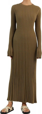 SIOR Femei cu m&amp;acirc;necă lungă Ruched Plied Ribbed Knit Maxi Rochie Lungă Crew Neck foto