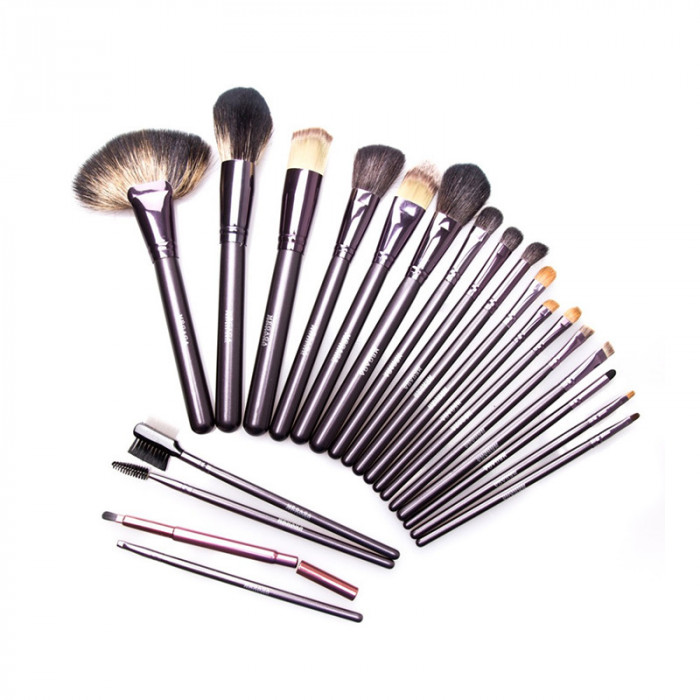 Set pensule make-up Megaga, 14 x 25 cm, peri naturali, maner lemn, 21 bucati