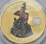 1 Crown 2014 Tristan da Cunha, Elizabeth II Jubilee Monarch, Gold Plated , Bunc, Capsula, color
