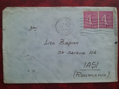 1928-Plic circ.-Paris-Iasi-timbru pereche-RAR foto