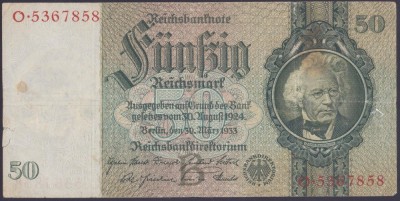 Bancnota Germania 50 Reichsmark 1929 - P182a VF ( vezi descriere ) foto