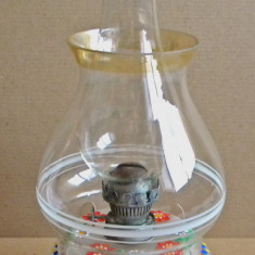 Lampa vintage pe gaz cu sticla + abajur, pictata manual, model deosebit