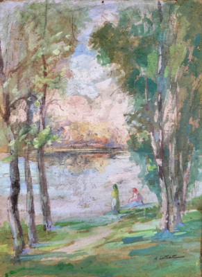 Coman Ardeleanu (cca. 1905-1982)-1982)-&amp;quot;Margine de lac&amp;quot;, tablou &amp;icirc;n guaşă foto