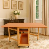 Masa plianta cu spatiu depozitare Util, pentru living si bucatarie, PAL, structura lemn masiv, cu role, 6 persoane, 160x96x80 cm, cires