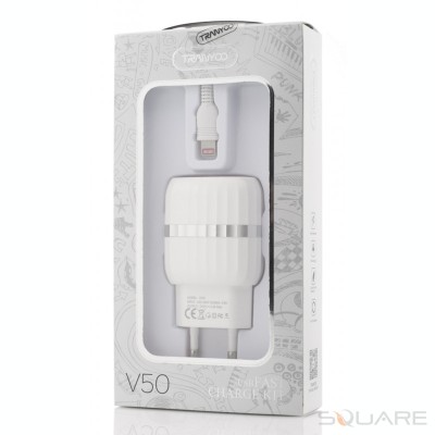 Incarcatoare Retea Tranyoo, V50, Fast Charge Kit, 2 x USB + Lightning Cable, White foto