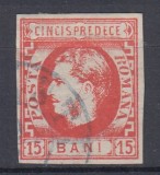ROMANIA 1869 LP 27 REGELE CAROL I CU FAVORITI 15 BANI ROSU STAMPILAT POINCON