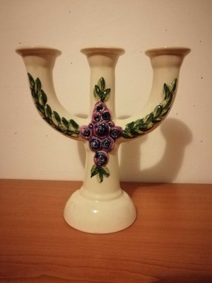 Suport lumanare ceramica florala mov sfesnic 3 brate Rosa Ljung Suedia 22.5 cm foto