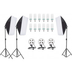 Kit de 3 softboxuri, soclu de 4 becuri, 3 trepiezi reglabili 200 cm, 12 becuri de 85W