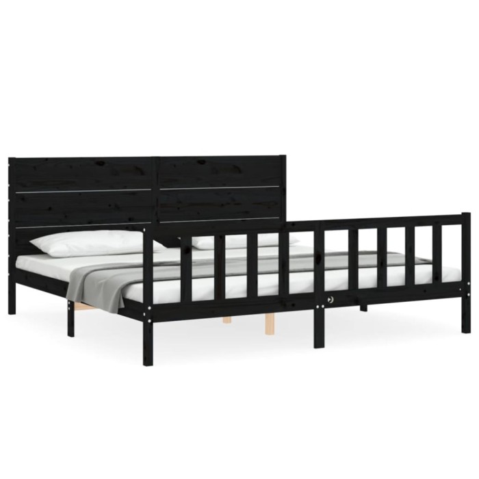 Cadru pat cu tablie 200x200 cm, negru, lemn masiv