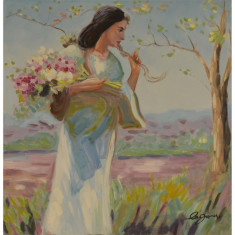 Femeie cu un brat de flori-pictura in ulei PC-121