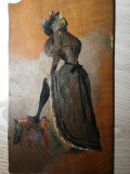 Tablou vechi Femeie , ulei pe placaj, semnat Mincov, 14x25 cm, Portrete, Realism