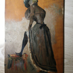 Tablou vechi Femeie , ulei pe placaj, semnat Mincov, 14x25 cm