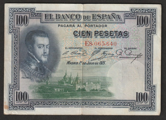 Spania, 100 pesetas 1925_regele Filip al II-lea _E8, 065,640