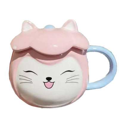 Cana cu capac din ceramica Pufo Happy Cat pentru cafea sau ceai, 300 ml, roz foto