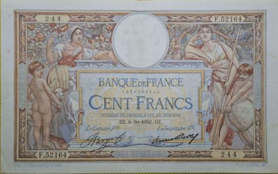 100 franci 1936 Franta, 100 francs 1936, dimensiuni 180 &amp;times; 112 mm, F.52164 244 foto