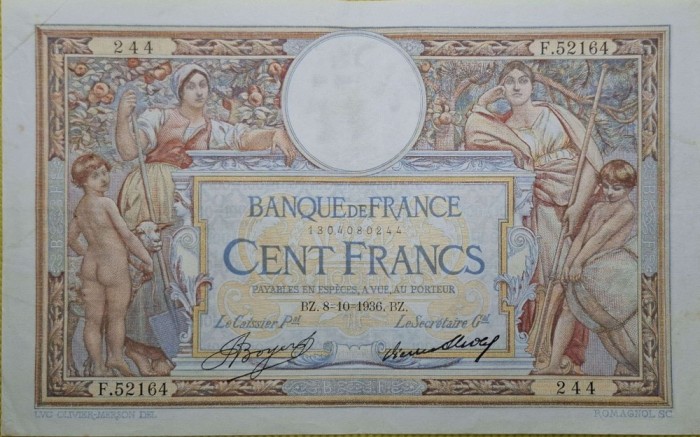 100 franci 1936 Franta, 100 francs 1936, dimensiuni 180 &times; 112 mm, F.52164 244