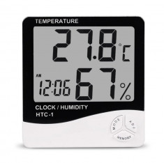 Ceas cu alarma, termometru si higrometru, HTC-1, cu suport, ecran LCD, 1 x baterie AAA, alb cu negru foto
