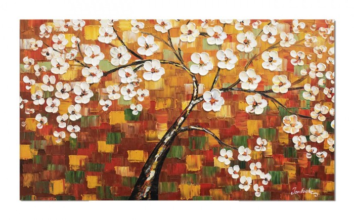 Tablou 3D pictat manual, Flori de cires, 120x70cm ulei pe panza in cutit, Mircea Iordache