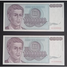 Yugoslavia, 2 x 100.000.000 Dinari 1993, UNC, Consecutive.