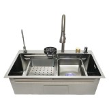 Chiuveta bucatarie multifunctionala din otel inoxidabil cu doua baterii, functie cascada, dozator sapun, spalator pahare, scurgator, tava, tocator si