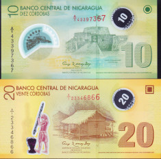 Bancnota Nicaragua 10 si 20 Cordobas 2007 (2012) - P201b/202b ( set x2 polimer ) foto
