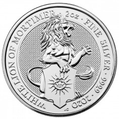 Moneda argint 999 lingou,QUEEN&amp;#039;S BEAST 2020 WHITE LION of MORTIMER 2oz = 31g foto