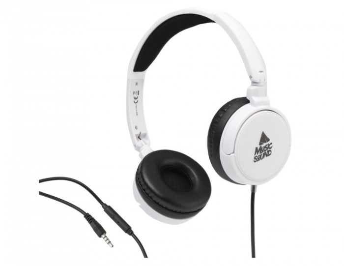 Casti on-ear Music Sound, mufa de 3.5 mm, cablu anti-incurcare de 1.2 m, alb - RESIGILAT