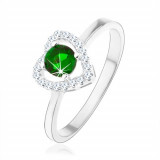Inel din argint 925, contur de inimă strălucitoare, zirconiu rotund verde - Marime inel: 60