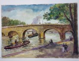 Nicolcea Spineni - Pod peste Sena, Ulei/Carton, 35x50 cm, Semnat, Album Pictura