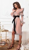 Rochie Midi Roz Pudra Annissa, Dantela Crosetata, Maneci Clopot, Decupaje Umeri, Rochie de Zi Eleganta cu Cordon