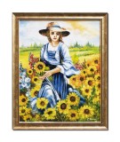 Cumpara ieftin Tablou tanara cu floarea soarelui pictat manual inramat, 55x45cm ulei pe panza, rama din lemn, Constantin Feraru