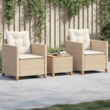 Set bistro cu perne, 3 piese, bej, poliratan si lemn acacia GartenMobel Dekor, vidaXL