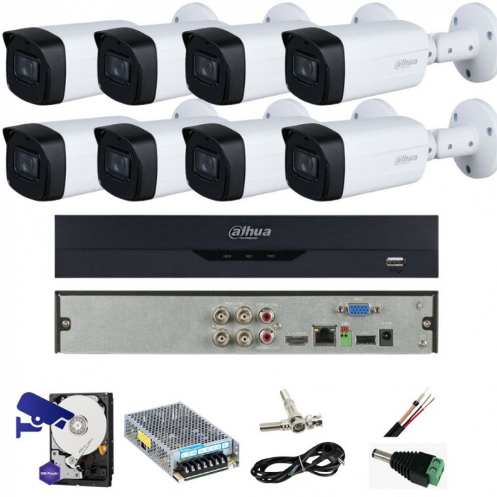 Sistem de supraveghere 4 camere Dahua, 5 MP, IR 80M, lentila 3.6MM, Starlight, DVR Dahua 4 canale, 5MP, Accesorii SafetyGuard Surveillance