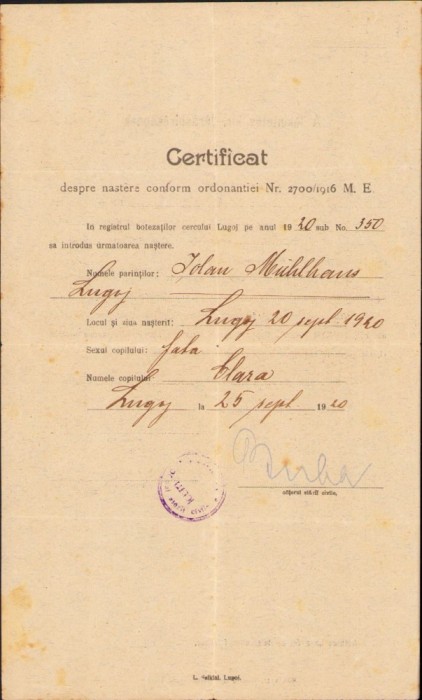 A1326 Certificat despre naștere, 1920, Lugoj