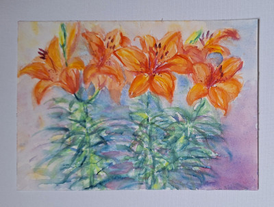 Pictura in acuarela neinramata - flori de crini portocalii, nesemnata, 17x24 cm foto