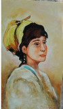 Tablou portret fata cu basma galbena semnat Cimpoesu dupa Grigorescu.