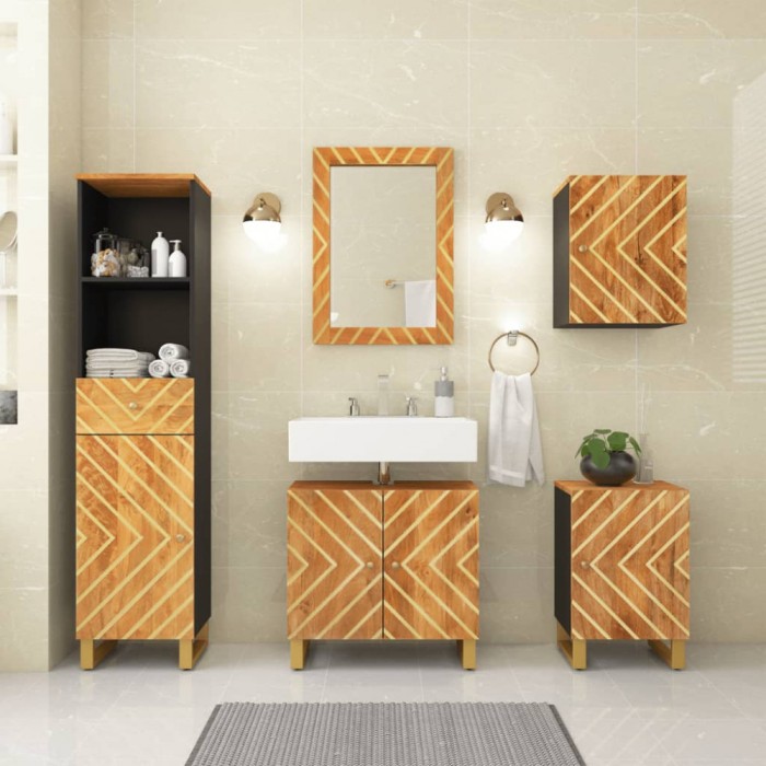 Set dulapuri de baie, 5 piese, maro și negru, lemn masiv mango