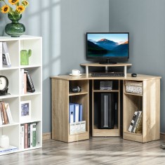 HOMCOM Birou Unghiular cu 3 Sectiuni, Birou pentru Camera sau Birou, Birou pentru Computer din Lemn cu Raft pentru Monitor, Stejar foto