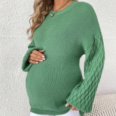 Pulover din tricot cu maneca lejera, Maternity, verde, dama