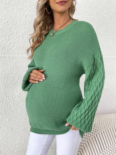 Pulover din tricot cu maneca lejera, Maternity, verde, dama